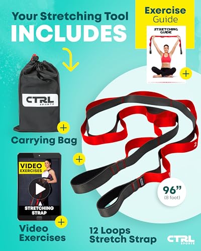 Stretching Strap with Loops - Non Elastic Yoga Strap for Physical Therapy | Video Exercises Included - Stretch bands for Stretching Equipment and Flexibility - Fascia, Hamstring & Leg Stretcher Belt - style: 12 Loops - Red