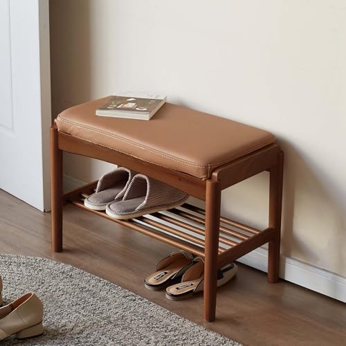 Solid Wood Shoe Bench, 24 Inch Entryway Bench with Brown Leather Cushion - color: Walnut + Brown Leather Cushion, size: 23.62"