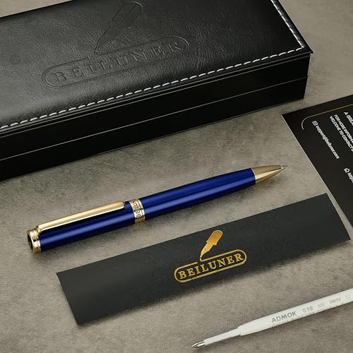 BEILUNER Blue Lacquer Gel Pen - Stunning Luxury Pen with 24K Gold Finish, ADMOK Black Refill, Executive Gift Set for Family & Friends, Writing, Fancy, Office, Retractable Pens - color: Blue and 24K Gold Finish