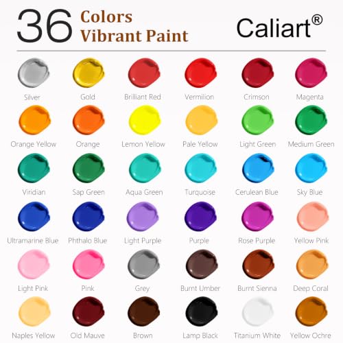 Caliart 36 Colors Acrylic Paint Set with 12 Brushes | Craft Painting kit for Adults Artists Beginners, Rich Pigment Non-toxic, Canvas Wood Rock Pumpkin Ceramic Art Supplies Paint - color: Regular, size: 2 Fl Oz (Pack of 36)