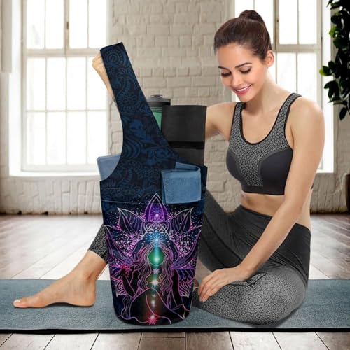 Yoga Mat Bag Carrier for Women with Side Large Pocket Durable Linen Workout Gym Travel Storage Pilates Mats - color: Purple Mandala Chakra