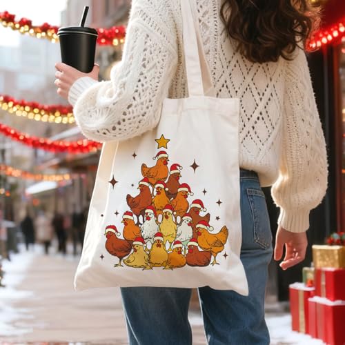 Kazova Merry Cluckin Tote Bag Funny Christmas Chicken Tote Bag for Women Xmas Holiday Canvas Handbag with Long Handles Reusable Grocery Shopping Beach Cotton Handbag - color: Cluckin