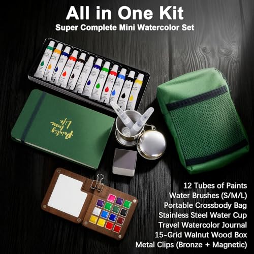 Mini Watercolor Travel Set - All-in-One Pocket Water Color Paint Kit for Artists with Palette, Brush, Cup, Journal & Carry Bag- 12-Color, Portable Paint Palette - color: Green