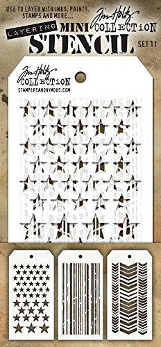 Tim Holtz - Nine Mini Layering Stencils - Flourish, Wildflower, Woodgrain, Stars, Stripes, Chevron, Mesh, Zigzag and Tracks - aka sets 10, 11 & 12