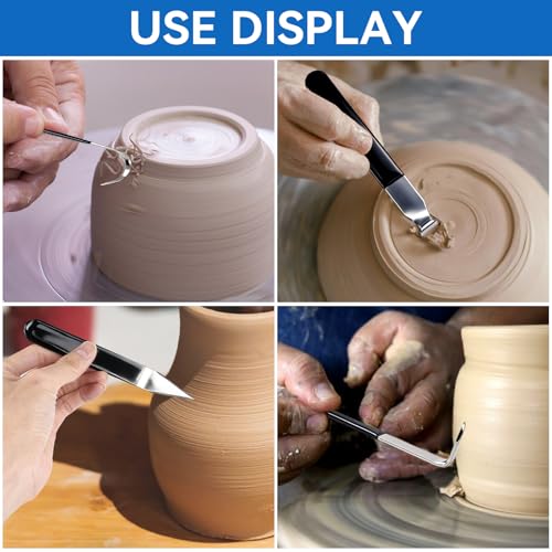 Supkirr 4 Pcs Metal Clay Carving Knife, Pottery Clay Sculpture Tools Set with 4 Throwing Trimming Spinner Tools, Stainless Pottery Trimming Knifes for Engraving, Styling Pottery, Shaping and Sculpture