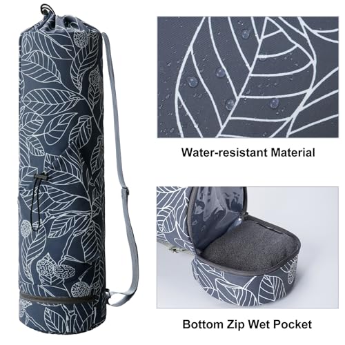 sportsnew Yoga Mat Bag with Water Bottle Pocket & Wet Pocket for Women - color: Blue Leaf, size: Medium