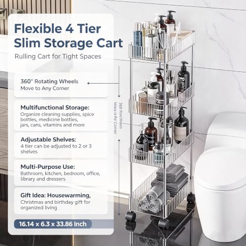 Sooyee Slim Rolling Storage Cart, 4 Tier, Clear | Bathroom Rolling Utility Cart Storage Organizer, for Office Bathroom Kitchen Laundry Room Narrow Places - color: Clear, size: Slim 4 Tier