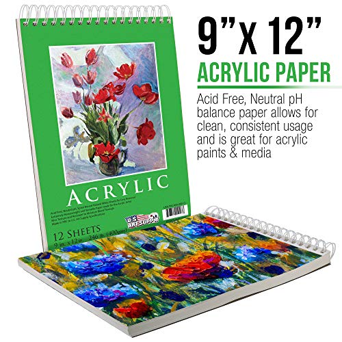 U.S. Art Supply 9x12 Premium Heavy-Weight Acrylic Painting Paper Pad, 246lb (400gsm), 2 Pack, 12 Sheets, Spiral Bound, for Acrylic Paint