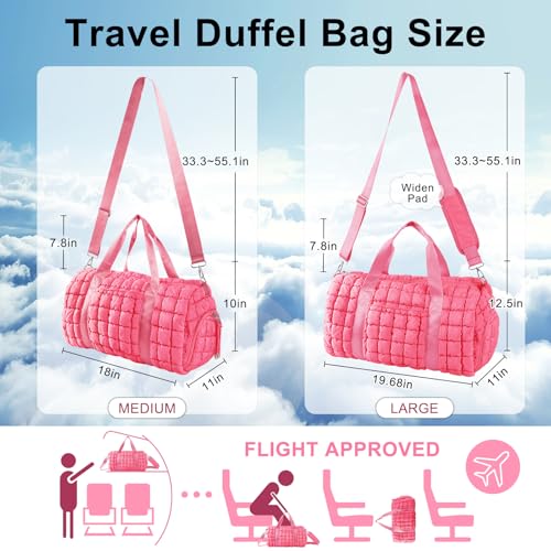 Quilted Travel Duffle Bag Gym Bag for Women,Large Puffer Duffle Weekender Bag with Compartment,Workout Overnight Carry on Organizer Bag Duffle Bag for Airplane Travel(L-Pink) - color: Pink, size: Large