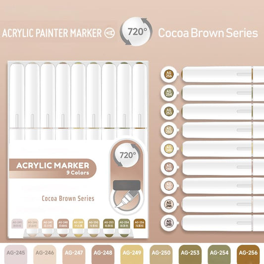Water Based Acrylic Paint Markers, 9 Colors Paint Pen Set | Cocoa Brown Series, Soft Brush Tip, Smooth Writing, Marker Pen for Rock Painting, Egg, Wood, Glass, Mugs, Black Paper - color: Cocoa Brown