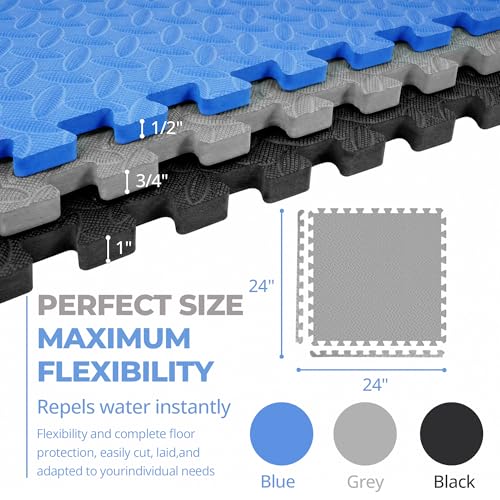 HulkFit Puzzle Exercise Mat, 3/4 Inch EVA Interlocking Foam Gym Flooring for Home Gym, Garage, Apartments, High-Density Shock-Absorbing Floor Tiles for Workout Equipment, MMA, Gymnastics, 24 Tiles - color: Grey