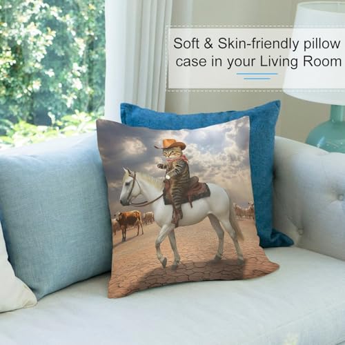 Funny Cat Cowboy Cat Riding Horse Throw Pillow Covers 18x18 Inch - color: Funny Cat Cowboy Cat Riding Horse
