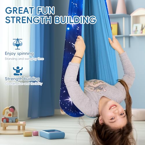 OUTREE Sensory Swing for Kids, Double Layer Therapy Hammock, Indoor Swing with 360° Swivel Hanger Kit and Adjustable Straps, Autism Sensory Product for Autism, ADHD (Blue Starry-Sky Printed) - color: Blue