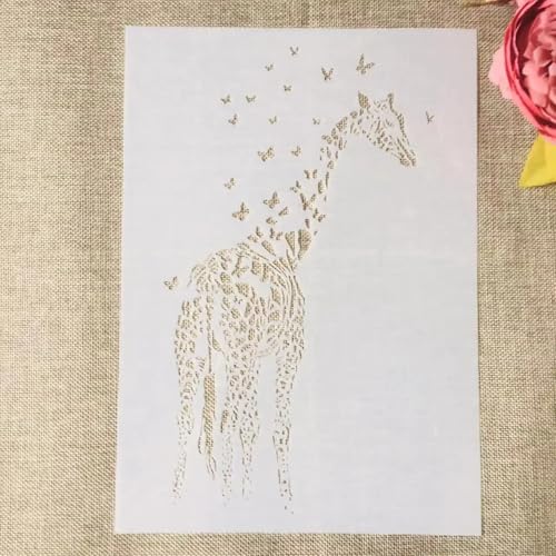 TIAMECH A4 Reusable Giraffe Stencil for Painting | Butterflies Layering Template, DIY Wall Art, Wood Furniture, Scrapbook & Crafts (8.3x11.7inch) - style: Giraffe Butterflies