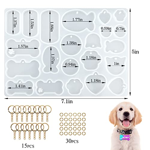 Pet Tag Resin Mold Silicone, Dog Tag Molds for Resin, Dog Bone Cat Shaped Keychain Silicone Resin Molds with 15Pcs Keychains DIY Crafts Making Tag Charm Pendant - color: Pet Tag Mold