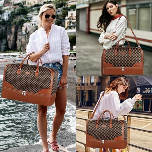 ITIEZY Weekender Bag for Women 21.5" Travel Duffel Large Carry On Bag 3PCS | Nylon Duffel Bag with Waterproof Shoe Compartment, Crossbody Bag and Toiletry Bag, Travel Weekend Hospital Overnight Gym Bag - color: 9-dark Brown