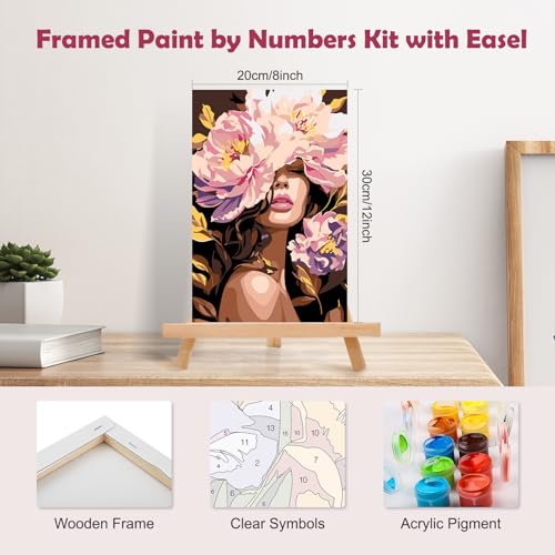 MOGTAA Flowers Girls Paint by Numbers Kit for Adults Beginners with Frame, Adult Paint by Number Kits on Canvas with Easel, Easy DIY Oil Painting Kits for Home Decor, 8x12in - color: Flowers Girls