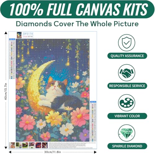 SANYUN Cat Diamond Art Kits for Adults,Cat On Moon with Flowers 12x16inch | Flowers Diamond Painting Kits for Beginners,DIY 5D Round Diamond Dot Art,Perfect for Holiday Gift and Home Decor - color: B-001 Moon Cat