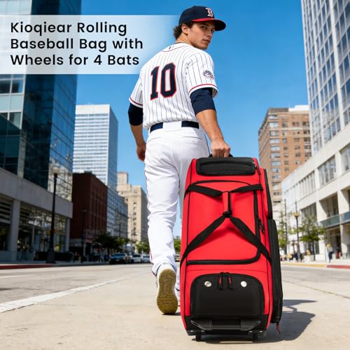 Catchers Gear Bag with Wheels for 4 Bats, 80L Rolling Baseball Bag - color: Red