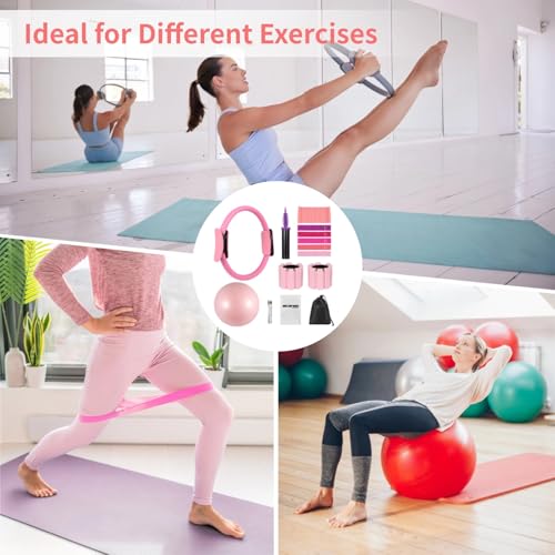 Pilates Equipment Kit for Home Workout, Pilates Ring Set with Ball, Ankle Wrist Weights, Resistance Bands, and Tape Measure, Women's Full Body Training Kit for Yoga