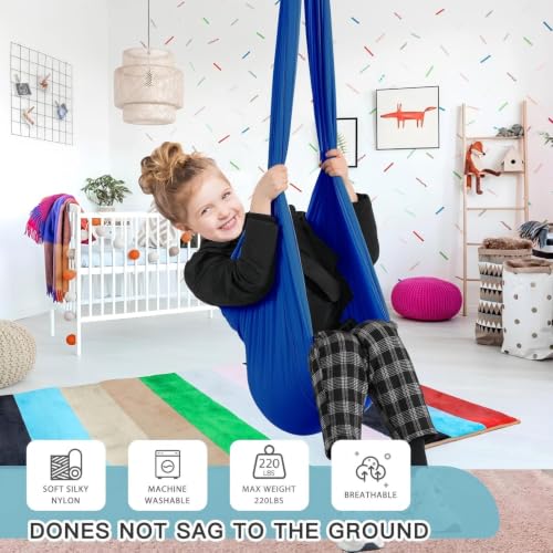 Aokitec Sensory Swing for Kids & Adult, Indoor Outdoor Cuddle Hammock Chair | Therapy swing for Special Needs, Autism, ADHD, Adjustable, Soft Nylon 59''x67'', 360 Swivel Hanger, All Hardware Included - color: Blue-1
