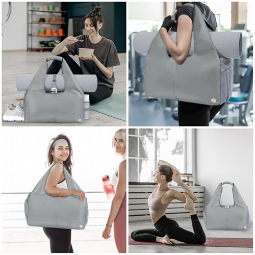 Sportsnew Tote Yoga Mat Gym Bag 20L Women W/Shoe Compartment Wet Dry Pocket | Water-Resistant Gym Tote - Mat Strap, Ventilated Shoe Bin, Wet Pocket, Padded Handle, Multi Pockets, Side Mesh & Key Clip - color: Grey