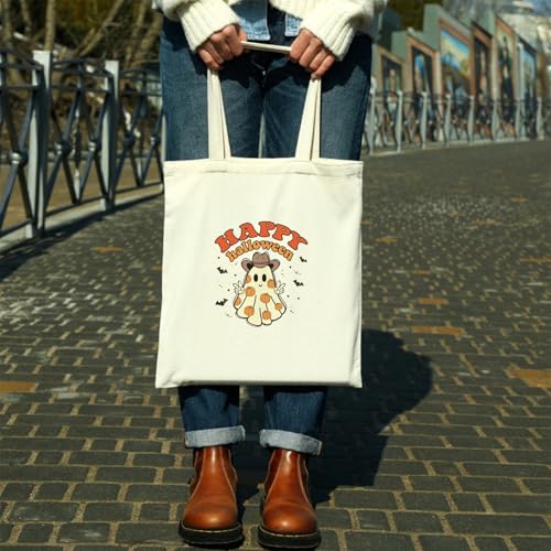 Kazova Halloween Canvas Tote Bag Cute Funny Ghost Tote Bag Cotton Reusable Grocery Shopping Beach Bag Halloween Shoulder Bag For Women Handbag - color: Ghost