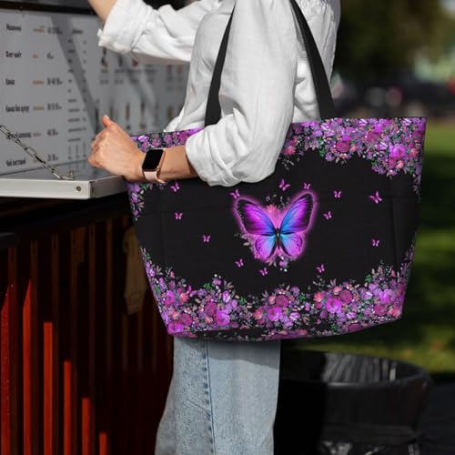 Large Beach Bag for Women Waterproof Foldable Travel Shoulder Tote Bag with Pocket for Weekender Pool Vacation - color: Butterfly Purple
