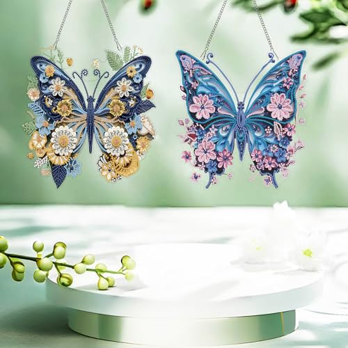 Muzagroo Art 5D Diamond Art Kits for Adults, Butterflies Diamond Hanging Ornament Kits for Windows, DIY Special Shaped Diamond Dot Kits, Crystal Window Hanging Pendant Ornament 2PCS(Butterflies) - color: Butterflies