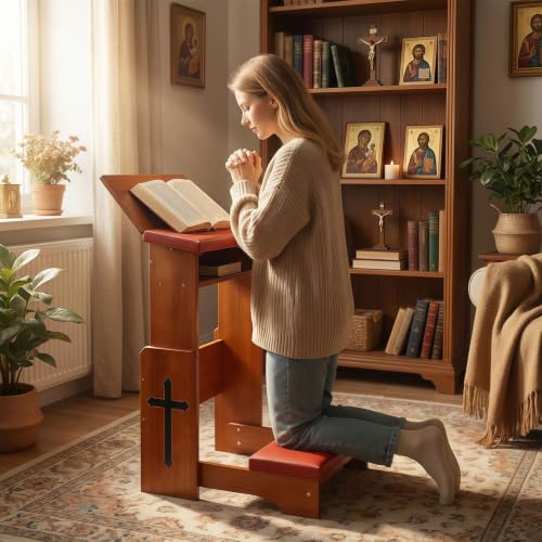 Fanwer Folding Prayer Kneeler Bench, Adjustable Wooden with Bookshelf | Compact kneeling altar for church chapel, home devotion & meditation, portable prayer stool