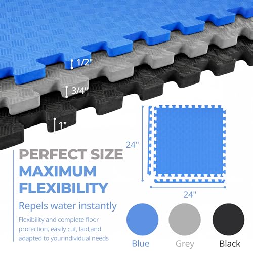 HulkFit Puzzle Exercise Mat, 1 Inch EVA Interlocking Foam Floor Tiles Workout Mat for Home Gym Equipment, MMA, Gymnastics, Shock-Absorbing Workout Mat for Garage Flooring and Apartments, 18 Tiles - color: Blue