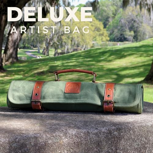 Earth & Fiber Co. Waxed Canvas & Leather Paint Brush Holder - Art Bag for Painting, Drawing & Art Supplies - 16 Pocket Rectangular Green Vintage/Rustic Classic Paint Brush Case - color: green