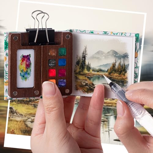 Qilery Mini Portable Watercolor Palette Set Wooden Grid Paint Box Watercolor Paper Sketch Book Brush Pens with Binder Clip for Painters Artist Not Include Paint(Mountain Chrysanthemum) - style: Mountain Chrysanthemum