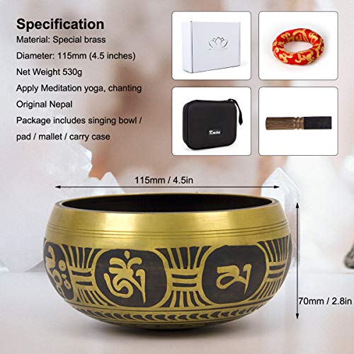 Tibetan Handcrafted Nepal Singing Bowl, 4.5 inch Master Healing Grade, Pure Tone Sound Art Bowls Meditation Accessories Set for Yoga, Chakra Healing, Mindfulness, Stress Relief, Self-Regulation Gift - color: 4.5inch Gold