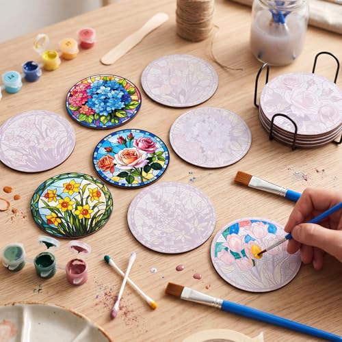 Reallnaive 8 Pcs Flower Paint by Numbers Kit for Adults Wood Floral Coaster | Mini Paint by Numbers, Tiny Round Oil Painting Drink Coaster with Holder, for Small DIY Craft Birthday Gift - style: Floral