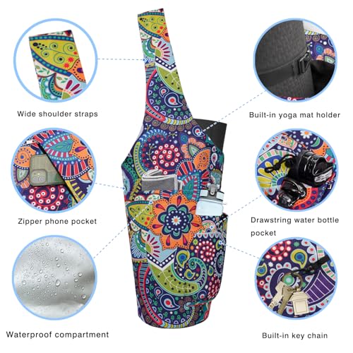 Yoga Mat Bag - Large Opening Long Tote Yoga Mat Carrier Holder Bag with Waterproof Wet Zipper Pocket and Drawstring Water Bottle Pocket - Yoga Bag Fit Most Size Mats - color: Paisley