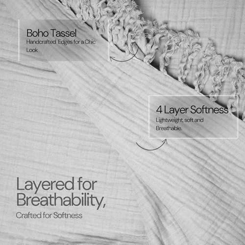 100% Cotton Gauze 50"X60" Throw Tassel 4 Layered Blanket- Scottish Grey | Premium Muslin Blanket for Couch,Bed,Living,Summer Lightweight, All Seasons Blankets & Throws, Boho,Travel & Skin Friendly - color: Scottish Grey, size: 50"X60" Throw