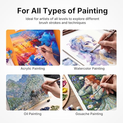 Nicpro 30pcs Paint Brush Set for Acrylic Painting, Oil, Watercolor, Gouache | Professional 9 Shapes No Shedding Synthetic Bristles with Palette Knife & Canvas Roll, Art Supplies for Artists and Beginners - color: Wood