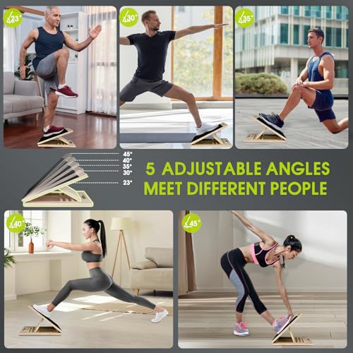 Calf Stretching Slant Board, 5 Adjustable Angles Wooden 350 LBS Non-Slip Portable Therapy Foot Stretcher with Training Poster, Relief Plantar Fasciitis, Achilles, Leg Heel Ankle Pain