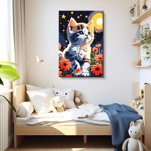 Cat Paint by Number with Frame,Easy Painting for Beginner,Colourful Box | Paint by Numbers Kit for Adults,Animal Canvas with Paints & Brushes Home Wall Decor,Stress Relief Craft,8x12inch - color: A-09-cat