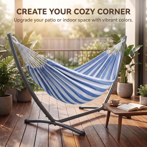 Canvas Hammock 122" Long X 59" Wide 2 Person Hammock 440 pounds Maximum Weight Applicable Scenes in Courtyard Autumn, Indoor Hanging Chairs, Beach Leisure (Blue White, Full) - color: Blue White, size: Full