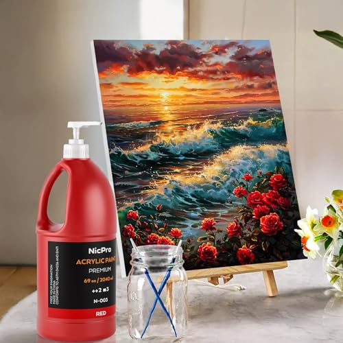 Nicpro Red Large Acrylic Paint (69 oz, 2040 ml), Rich Pigments, Non Toxic | Craft Paint for Multi Surface, Canvas, Wood, Leather, Fabric, Rock, Art Painting Supplies for Beginners Artists with Pump - color: Red, size: 69 Fl Oz (Pack of 1)