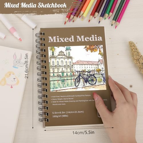 4 Pack Mixed Media Sketchbook, Spiral Bound, 200 Sheets Small Sketchbooks | 160gsm Acid-Free Paper, 5.5 x 8.5 Sketchbook Ideal for Dry Media, Bleed-Resistant, Portable Size, Lays Flat for Drawing - color: landscape, size: 5.5 x 8.5 inch (4 pack)