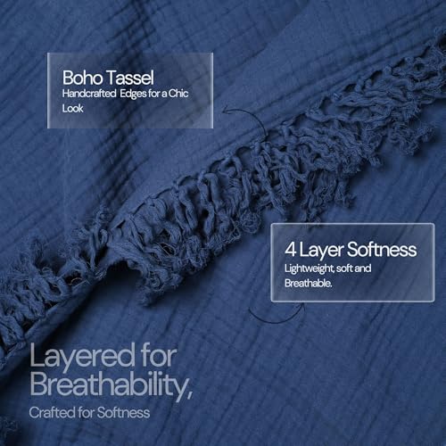 100% Cotton Gauze 50"X60" Throw Tassel 4 Layered Blanket- Navy Blue | Premium Muslin Blanket for Couch,Bed,Living,Summer Lightweight, All Seasons Blankets & Throws, Boho,Travel & Skin Friendly - color: Navy Blue, size: 50"X60" Throw