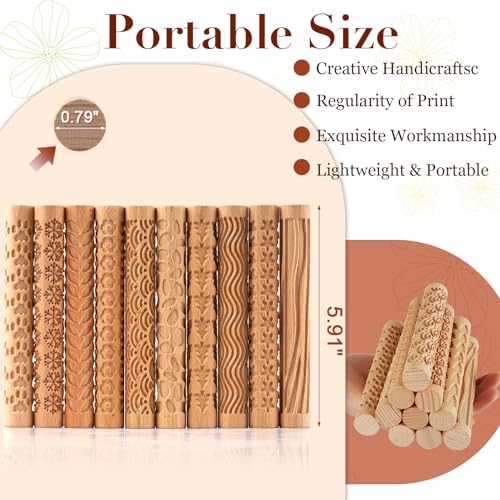 Lzttyee Wooden Handle Pottery Tools Clay Modeling Pattern Rollers, Brown | Clay Texture Rollers Set of 10 - color: Set of 10