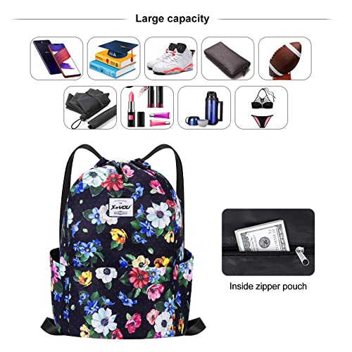 XEYOU Drawstring Backpack Bag Sport Gym Sackpack Beach Cinch Bag | Lightweight Swimming Bag, Water-Resistant Fabric, Travel Daypack for Women and Men - color: Colorful Flowers