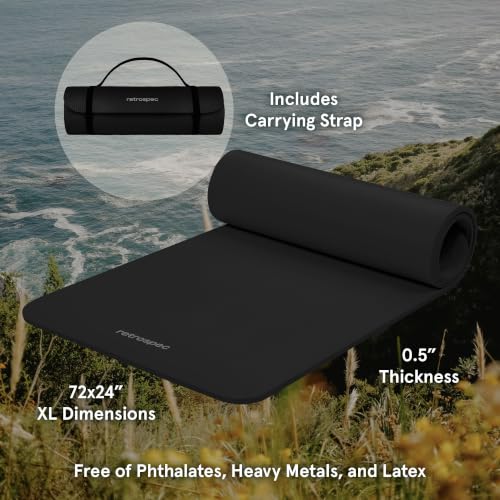 Retrospec Solana Yoga Mat Thick 1/2in Non-Slip Workout Mat with Nylon Strap - 72x24in Exercise Mat for Pilates, Stretching & Fitness - BPA Free, Easy Clean - color: Black