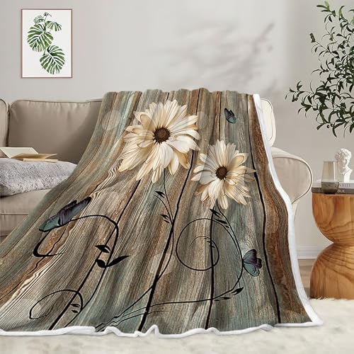 Rustic Floral Throw Blankets, Elegant Daisy Flower Butterflies Cozy Warm Bed Couch Blanket, Farmhouse Barn Wood Vintage Fabric White Fleece Flannel Throws to Decorate the Room and Bedroom - color: Floral, size: 60X80
