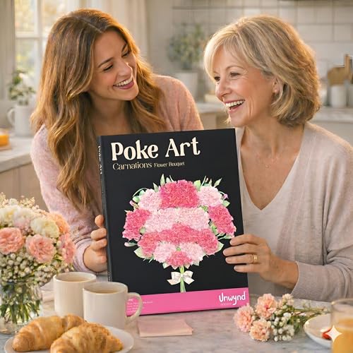 Unwynd Poke Art Carnations Flower Bouquet Kit for Adults, Women and Teens | Hobby activity, brain puzzles, adult, 12 illustration sheets, 12 pages of stickers, 12 colour pages Rubbing Plates & Supplies - style: Carnations