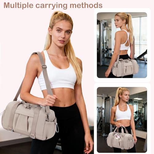 LEDAOU Small Gym Bag for Women, Mini Duffle Bag with Yoga Mat Holder Lightweight Carry On Sports Bag with Separate Shoe Pocket & Wet Pocket Duffel Bags Dance Yoga Workout Bag - color: Camel, size: Mini-14"